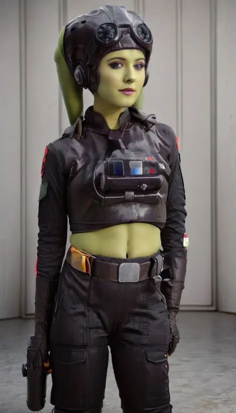 a beautiful sexy , hera syndulla, green skin (detailed realistic,4k,highres,masterpiece:1.2),((((tie pilot uniform))))