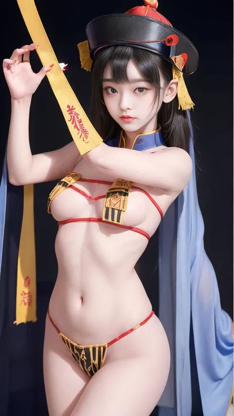 (Highest quality, 8K, masterpiece:1.2), Reality:1.4, One girl,alone, Beautiful black hair, Slender body, Small and slender figure, Small beautiful butt:1.3, Thin thighs:1.2, Smile, Beautiful breasts, (Ofuda:1.2), 詳細なOfuda, (((Kyungsi Cosplay:1.2, Jiangshi ...