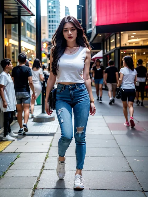 A modest girl, wavy hair, eyeshadow, eyeliners, eyelash, double eyelid, blush on, wearing casual elegant shirt with u-neck spandex, high-end fashion jeans, stilettos, adidas sneakers, elegant walk pose, night at downtown sidewalk, front view, standing on t...