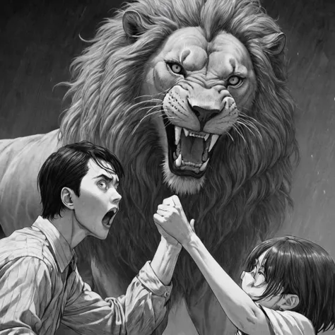 fighting a lion, (anime), bizarre scenario, This is Junji, Yusuke Murata, black and white, 8K, anime, horror