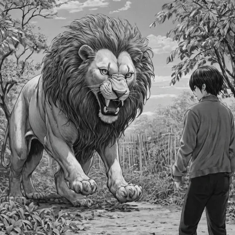 fighting a lion, (anime), bizarre scenario, This is Junji, Yusuke Murata, black and white, 8K, anime, horror