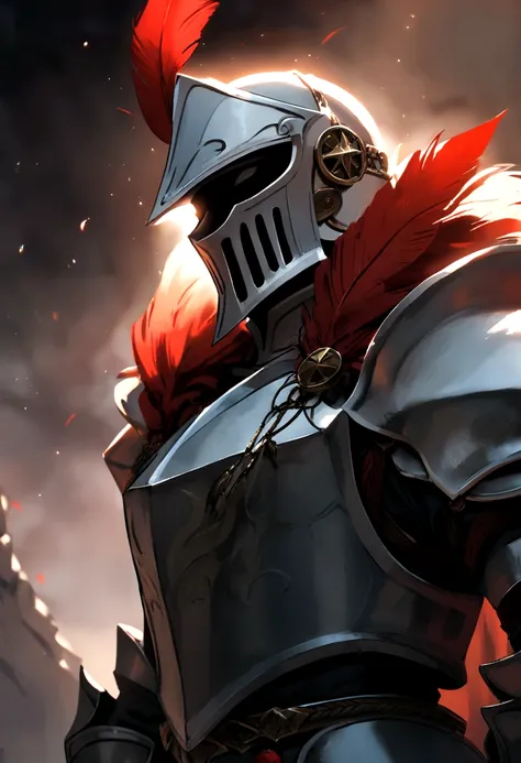 Knight who only has a white helmet as armor and behind his helmet a red feather that shines with color.