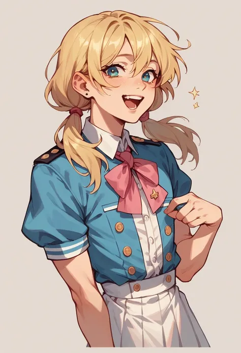 nsfw,(Petite),(Crossdresser),blonde low twintails,uniform,2 frames,Joyful expression