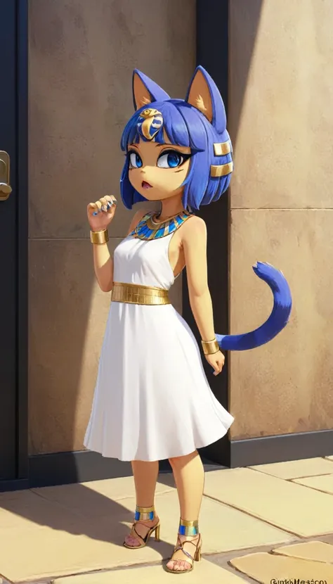 1girl，artist name，egyptian cat，blue hair，skin，keep your mouth shut，wear，whole body，solo，standing，猫tail，eye, animal crossing furr...