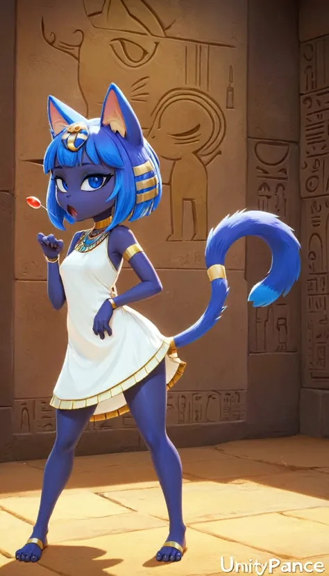 1girl，artist name，egyptian cat，blue hair，skin，keep your mouth shut，wear，whole body，solo，standing，猫tail，eye, animal crossing furr...