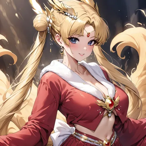 ((Highest quality)), ((masterpiece)), (detailed), （Perfect Face）、The woman is Empress Tsukino Usagi, wearing a gorgeous and glittering red Hanfu, luxurious jeweled accessories, and a Phoenix crown, with her long blonde hair tied in a chignon.