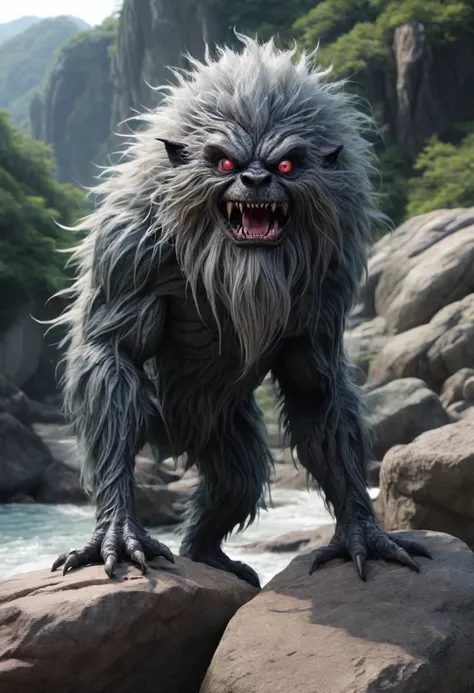 Fictional Unidentified Creature on the Rocks。Keep your background realistic。scared。Hairy