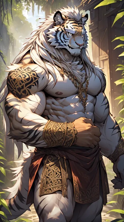 (masterpiece),(highres),(intricate details:1.4),extremely detailed,(illustration:1.2),8k,photorealistic,Anime headshot,exquisite,full body shot,aged,elder male tiger,white fur,muscular,warrior,(naked upper body:1.4),(white hair:1.3),hot jungle,sexy 