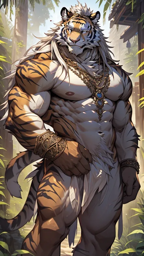 (masterpiece),(highres),(intricate details:1.4),extremely detailed,(illustration:1.2),8k,photorealistic,Anime headshot,exquisite,full body shot,aged,elder male tiger,white fur,muscular,warrior,(naked upper body:1.4),(white hair:1.3),hot jungle,sexy 