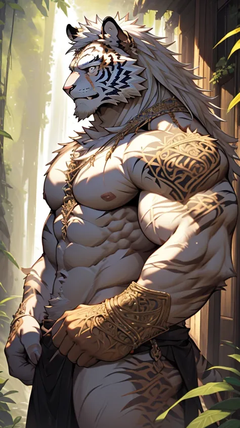 (masterpiece),(highres),(intricate details:1.4),extremely detailed,(illustration:1.2),8k,photorealistic,Anime headshot,exquisite,full body shot,aged,elder male tiger,white fur,muscular,warrior,(naked upper body:1.4),(white hair:1.3),hot jungle,sexy 