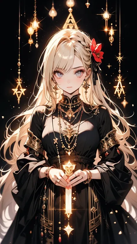 One girl, Long Hair, Light Hair Color, Captivating eyes, Mysterious look, Mature Appearance, Attractive dress, loose fitting dress, Elegant Jewelry, Elaborate decoration, Magic symbols, Glowing Accessories, Portion, Scroll, Cute accent,ribbon, Flowers,