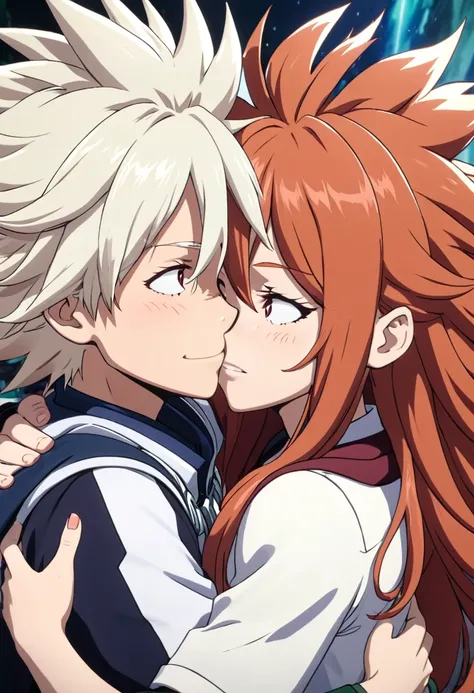 Screenshot of my hero academy, woman with long reddish hair with white highlights hugging Bakugo, Screenshot of my hero academy