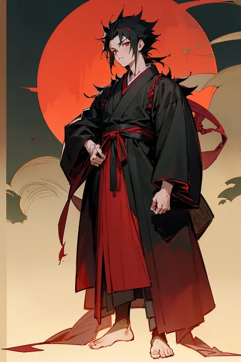 Masterpiece Quality, Perfect Generation, Sclera, Detailed Eyes, , Red And Black Long Spiky Hair, Muscular, Black And Red Haori, Bored Expression, , Full Body, Demon Slayer, Temple Background, Standing, Facing Viewer, Male, Standing Outside Temple In Forest...