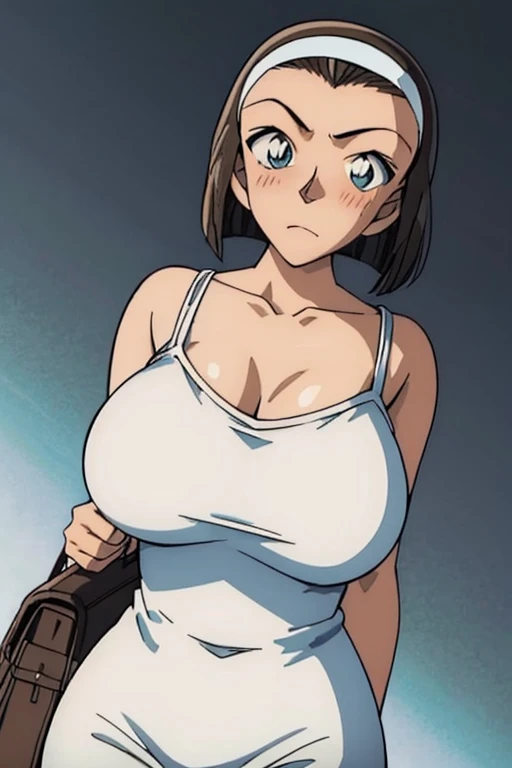 looking at the camera、When I Look at You、lookatviewer、Anime Style、Eroge、1 Girl,  (Huge breasts), (Tight white camisole dress)、Low Angle、Brown haired, hair band、Bob Hair、The forehead is visible、blush,The whole body is visible:1.5、Long skirt