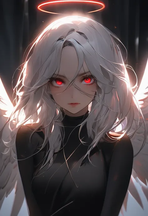 masterpiece , morning , beauty , white hair , red eyes , halo ring angel , soft light , dark vibe , no wings , she looks badass , glowing eyes