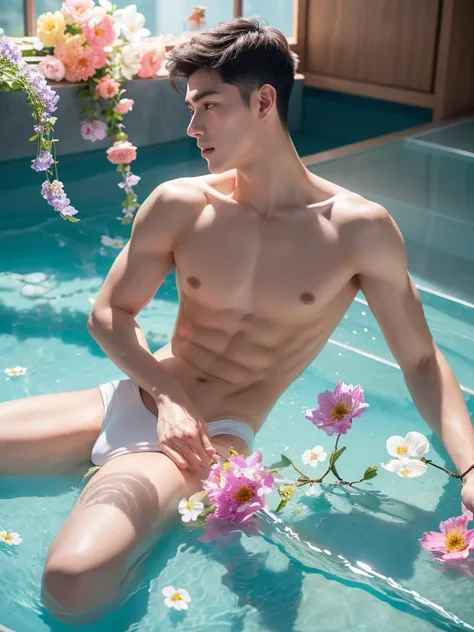 handsome Young man, Very good figure,short haircut,white skin,Not wearing a shirt  ,wearing bikini underware create a hyper realistic a beautiful posture completely transparent crystal anthropomorphic glass  curve filled with vibrant multicolored flowers s...