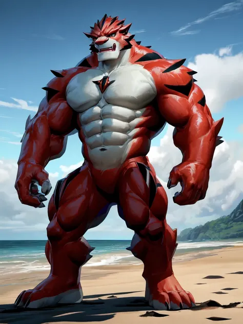 a cartoon image of a character standing in a beach,dynamic pose, commission for high res,rath_(ben_10), muscular, muscular_male, muscular_anthro, by_takahirosi,((topless,bottomless))