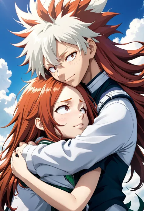 My hero academy, woman with long reddish hair with white highlights hugging Bakugo, My hero academy