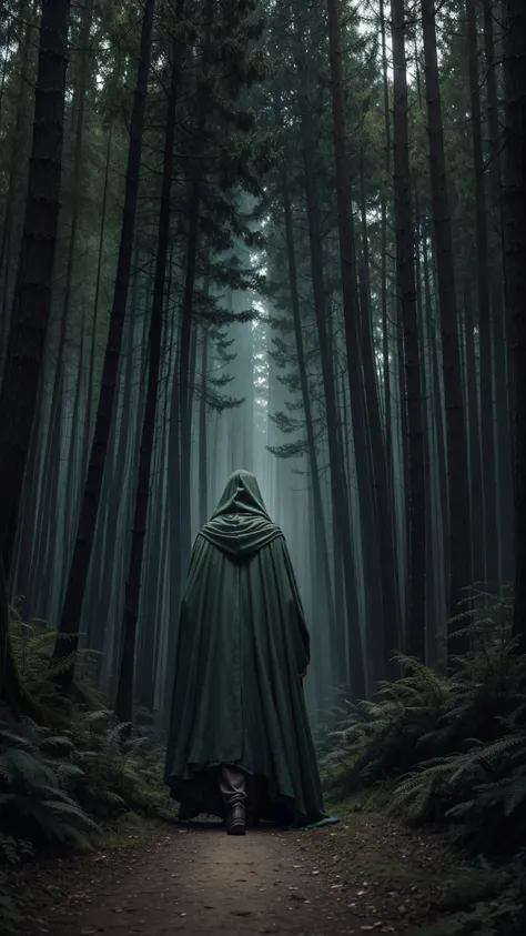 a painting of a man in a cloak walking through a forest, lord of the rings aesthetic, dnd in a dark forest, lothlorien, discovered photo, nazgul, 3 0, lord of the rings concept art, lord of the ring art, beksinkski, nazgul from lord of the rings, makoto si...