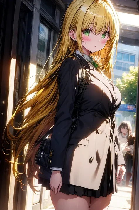 Tearju Lunatique stands out amidst the bustling high school hallways, her long blonde hair cascading like a golden waterfall down her back. Confidently, she wears an office suit: crisp white blouse, sleek black blazer, and short straight skirt that accentu...