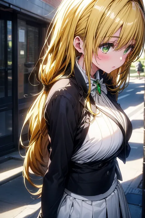 Tearju Lunatique stands out amidst the bustling high school hallways, her long blonde hair cascading like a golden waterfall down her back. Confidently, she wears an office suit: crisp white blouse, sleek black blazer, and short straight skirt that accentu...