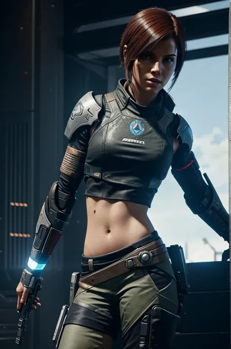 Ana bray from destiny 2 wearing a crop top and shorts but shes a cyborg.