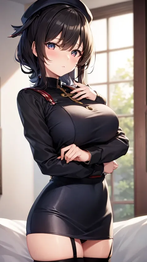 (masterpiece, best quality:1.2),illustration,8k,hd,1girl,solo,upper body,(portrait:1.2),takao (kancolle),black hair,red eyes,short hair,large breasts,long sleeves,hat,black gloves,black thighhighs,miniskirt,blue skirt,military uniform,beret,garter straps,b...