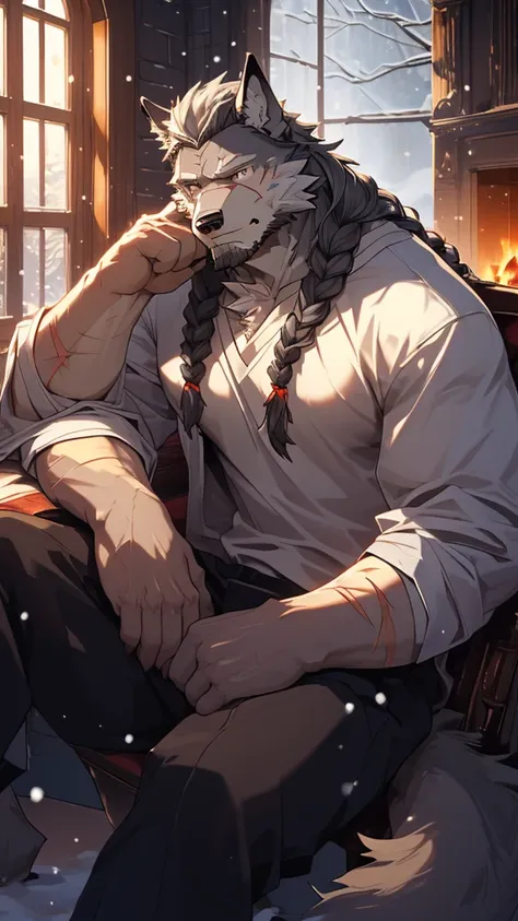 (masterpiece), (photorealistic:1.4), (1boy), (detailed face:1.2), (wolf male:1.5), (old：1.9）, (aged), (retired general),(muscular build), (gray fur:1.3), (long white beard), (long white braided hair), (loose shirt), (sitting), (resting), (calm expression),...