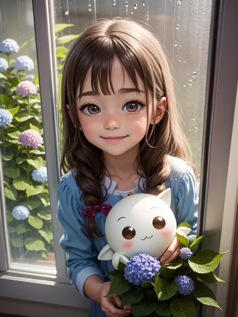 Best picture quality, fairy tale world, cute little 5 year old girl smiling happily, amazingly big shining eyes, long eyelashes, chestnut hair, , friendly and bright smile, teru teru bozu hanging by the window,  looking out the window, hydrangea blooming o...