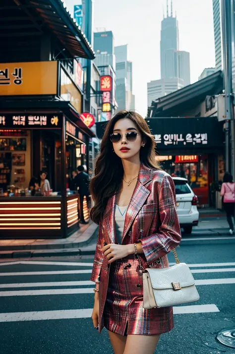 A beautiful city girl with detailed makeup, Stylish clothes, and a high-class sense of fashion, Long straight hair, Bring a stylish handbag, And wear trendy sunglasses, Walk the busy streets of Seoul confidently [urban, modern, vibrant]. Her flawless porce...