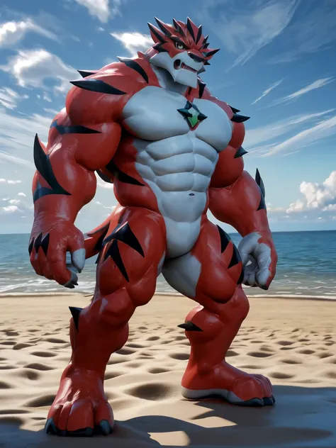 a cartoon image of a character standing in a beach,((Brighten body)),dynamic posing,commission for high res,rath_(ben_10), muscular, muscular_male, muscular_anthro, by_takahirosi,3d art,((topless,bottomless))