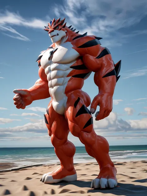 a cartoon image of a character standing in a beach,((Brighten body)),dynamic posing,commission for high res,rath_(ben_10), muscular, muscular_male, muscular_anthro, by_takahirosi,3d art,((topless,bottomless))