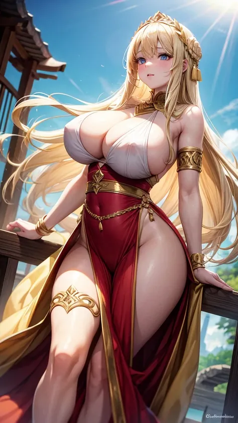 A blonde-haired, pale-skinned, big-breasted, big-bottomed girl dressed as a goddess with lots of fabric