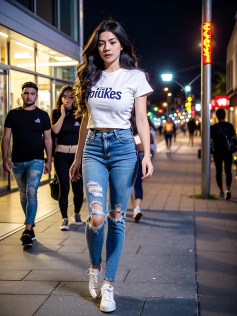 A modest girl, wavy hair, eyeshadow, eyeliners, eyelash, double eyelid, blush on, wearing casual elegant large t-shirt, high-end fashion Lea blue jeans, stilettos, adidas sneakers, smart and confident walk pose, neon night at downtown sidewalk, front view,...