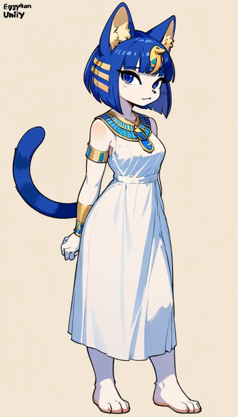 1girl，artist name，egyptian cat，blue hair，skin，keep your mouth shut，wear，whole body，solo，standing，猫tail，keep your mouth shut，wear...