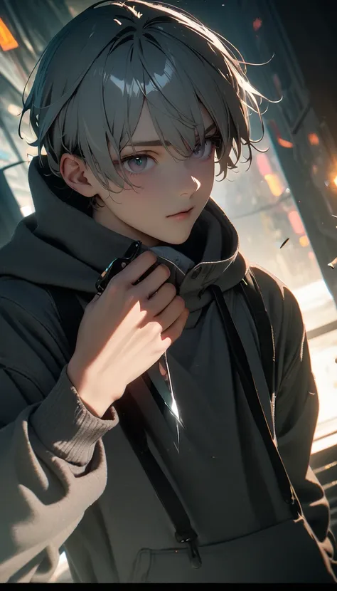 (8K, RAW photos, best quality, masterpiece: 1.4), (((The boy stands in absolute darkness)))，Ultra-high resolution, Extremely detailed,Upper body close-up, handsome boy, black eyes, (delicate eyes, Eyes are bright:1.2), Gray short hair, Fair skin,dark, Grey...