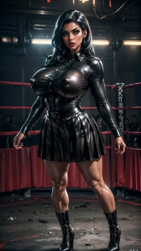 (best quality,highres:1.2), (ultra-detailed), (realistic:1.37), (HDR,UHD), (physically-based rendering), (curvy mature Denise Milani), ((black leather long-sleeved formal army shirt, buttoned up:1.5)), ((long black leather pleated skirt:1.5)), ((cropped, s...