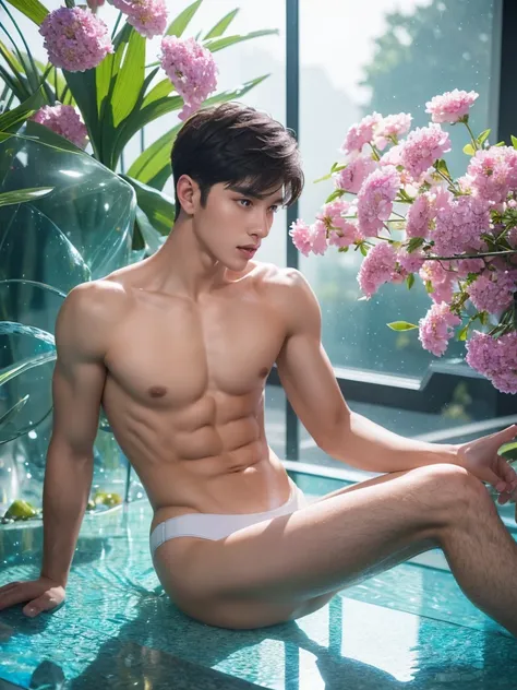 handsome Young man, Very good figure,short haircut,white skin,Not wearing a shirt  ,wearing bikini underware create a hyper realistic a beautiful posture completely transparent crystal anthropomorphic glass  curve filled with vibrant multicolored flowers s...