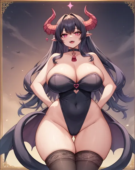 deaver, by deaver, black hair, female, vampire girl, horns, two tails, twin drills, solo, smol, pink eyes, massive breasts, massive butt, massive hips, oppai , very long hair, wear sexy demon lord dress with black stockings, showing butt to camera, arms on...