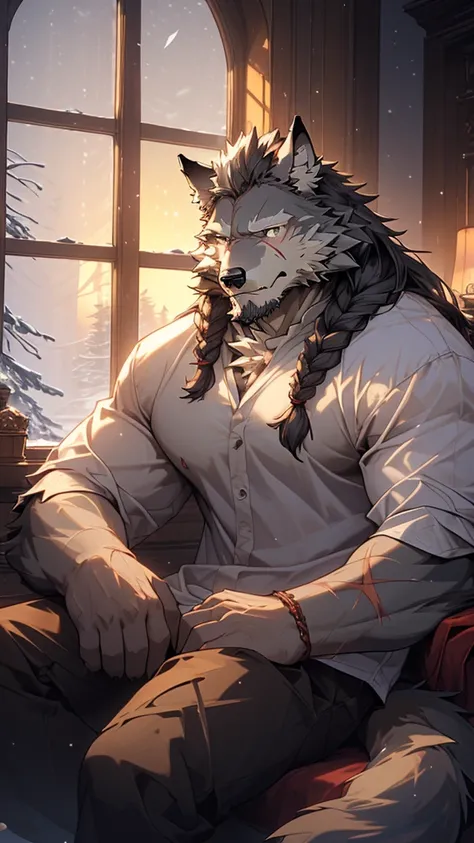 (masterpiece), (photorealistic:1.4), (1boy), (detailed face:1.2), (wolf male:1.5), (old：1.9）, (aged), (retired general),(muscular build), (gray fur:1.3), (long white beard), (long white braided hair), (loose shirt), (sitting), (resting), (calm expression),...