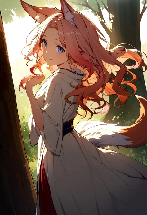 (Fox:1.3),女の子とFoxのツーショット写真,(Fantasy,Fox monster, four-tailed heavenly fox,),(Smiling Girl and Fox Youkai: The Tale of the Four-Tailed Heavenly Fox), (Smiling happy girl bent over deep in the forest and looking up,Fox Yokai Two-shot video of a fox guarding ...