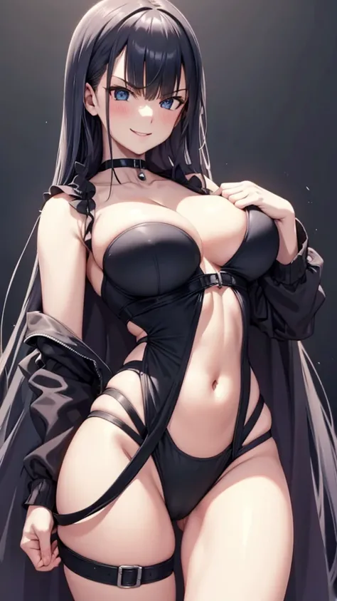 Erotic, Big Breasts, Bare shoulders, Shiny, Low-cut black one-piece swimsuit, Fascinating, Fascinating, Black background, evil, darkness, Hollow Eyes, smile, 