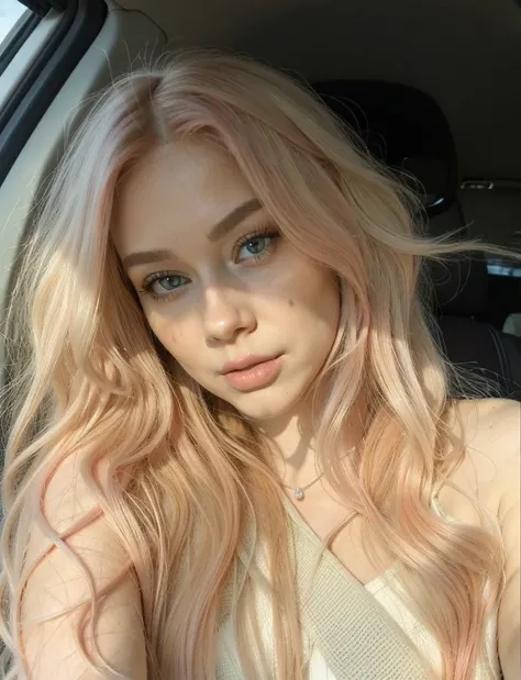 Woman with long pink hair sitting in a car, longos pink hair and big eyes, extremely beautiful face, pale skin curly pink hair, longos pink hair and big eyes, very pretty face, beautiful girl, one with pink hair, pink hair and big eyes, beautiful young mod...