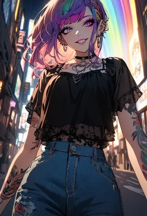 1 girl, Holo-Punk style, Rainbow hair, aretes, eyelash, ssmile, Street, jewerly, lips, make up, necklase, chemise, shorth hair, manga curta, ssmile, standing alone, t-chemise, tatoo, teeths, denim trousers, black chemise, Fake Falcon, punk aesthetic, cinem...