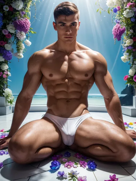 handsome Young man, Very good figure,short haircut,white skin,Not wearing a shirt  ,wearing bikini underware create a hyper realistic a beautiful posture completely transparent crystal anthropomorphic glass  curve filled with vibrant multicolored flowers s...