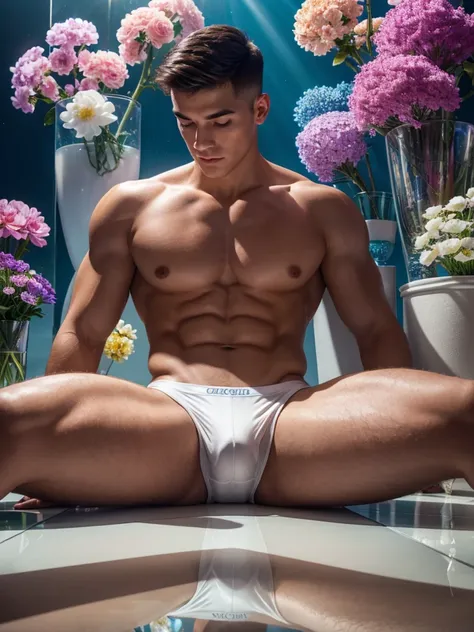 handsome Young man, Very good figure,short haircut,white skin,Not wearing a shirt  ,wearing bikini underware create a hyper realistic a beautiful posture completely transparent crystal anthropomorphic glass  curve filled with vibrant multicolored flowers s...