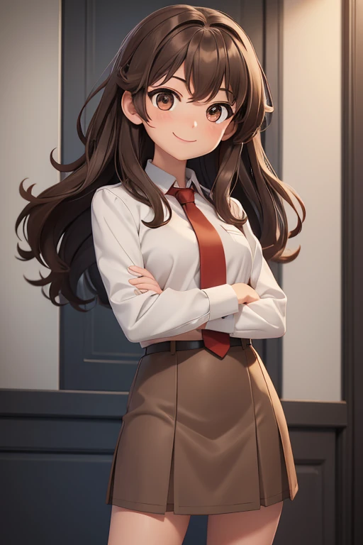 Girl, medium length, brown wavy hair, gray eyes, red tie, brown skirt, smiling slightly.