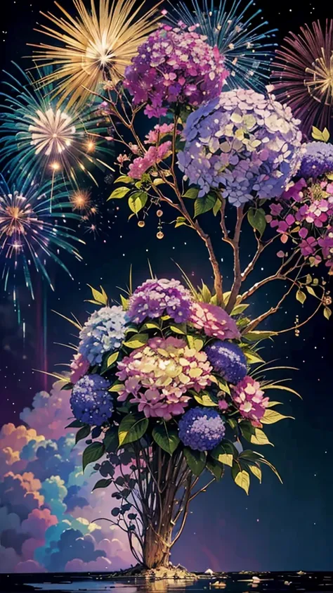 Hydrangea background、Colorful hydrangeas、Hydrangea scenery、firework、firework大会、Rainbow colorsのfireworkが打ちあがっている瞬間、夜nullとともに、、紫陽花景色で壮大なfirework、future都市、Highest quality、masterpiece, (Diffuse reflection of light:1.2), When the fantastic rainbow turns into sh...