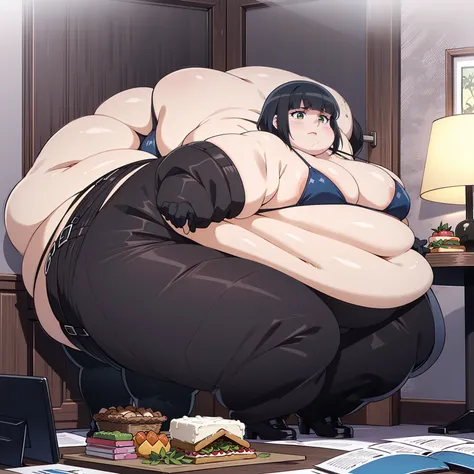 A very obese big girl, ((blob)), short blue hair, black bikini, black stockings, perfect body, in a room with a table with a lot of food, very fat limbs, a big fat belly, very big breasts, very big butt