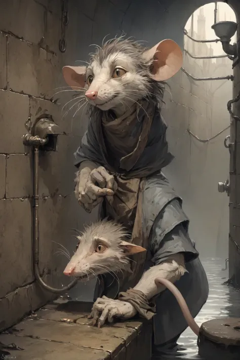 Jean-Baptiste Monge Style - A scruffy sewer rat, in the style of Redwall illustrations.